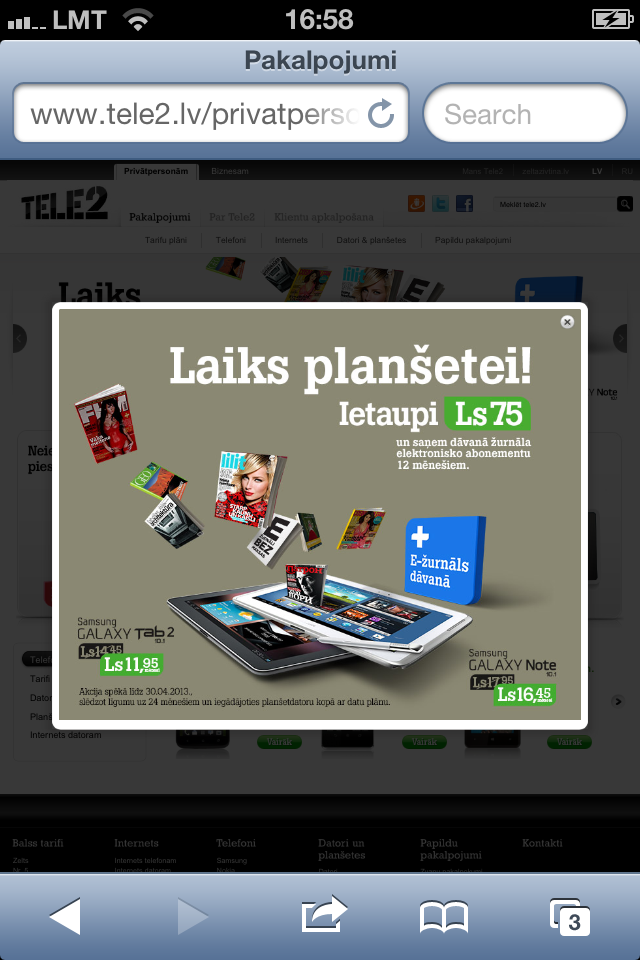 Tele2 mājaslapa mobilajā pārūkā 21.03.2013